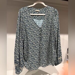 Faherty Dark Green and Cream Floral Blouse